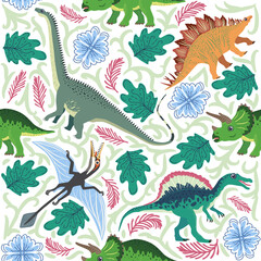 Hand drawn seamless pattern with dinosaurs and tropical leaves and flowers. Cute dino design.