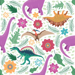 Handgezeichnetes nahtloses Muster mit Dinosauriern und tropischen Blättern und Blumen. Niedliches Dino-Design.