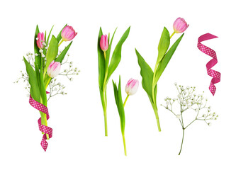 Pink tulips and gypsiphila flowers in a spring bouquet with silk ribbon and set of details isolated on white