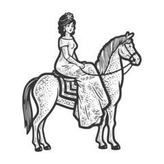 Fototapeta na wymiar Old fashioned girl riding horse sketch engraving vector illustration. T-shirt apparel print design. Scratch board imitation. Black and white hand drawn image.