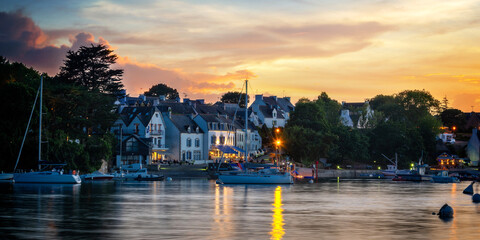 View of the scenic port of Sainte Marine at night in Finistère, Brittany, France - obrazy, fototapety, plakaty