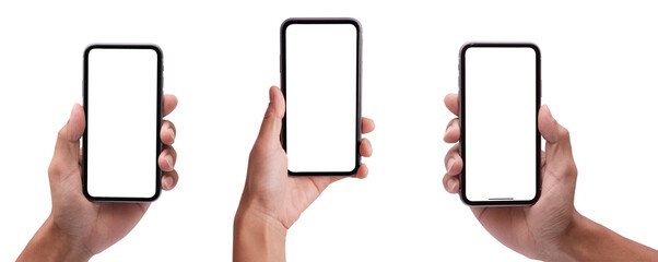 Obraz na płótnie Canvas Hand holding the black smartphone iphone with blank screen and modern frameless design in two rotated perspective positions - isolated on white background - Clipping Path 