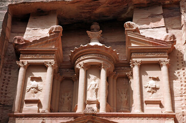 Close up of the pediment of the Treasury, Petra Jordan

