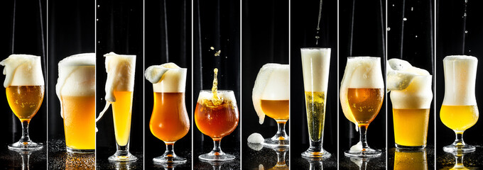 Food collage of beer. Glasses of beer with a thick foam. Beer brewery concept. Freeze motion splash...