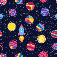 Seamless space pattern. Planets, rockets and stars. Cartoon spaceship. Childish background. Hand drawn