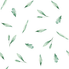 Watercolor seamless pattern with green different leaves. Isolated on white background. Hand drawn clipart. Perfect for card, fabric, tags, invitation, printing, wrapping.