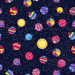 Seamless space pattern. Planets, rockets and stars. Cartoon spaceship. Childish background. Hand drawn