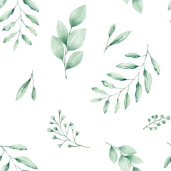 Watercolor seamless pattern with green leaves and berries. Isolated on white background. Hand drawn clipart. Perfect for card, fabric, tags, invitation, printing, wrapping.