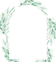 Watercolor illustration card with frame, eucalyptus, branches. Isolated on white background. Hand drawn clipart. Perfect for card, postcard, tags, invitation, printing, wrapping.
