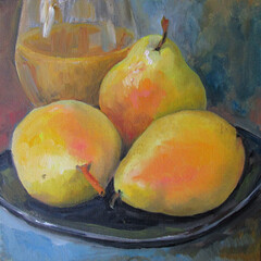 Ripe pears on a plate, oil painting 