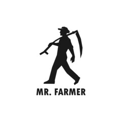 Fototapeta na wymiar Farmer man carrying scythe simple black vector silhouette illustration.