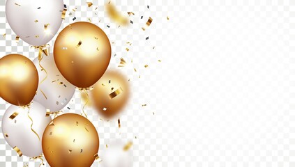 Celebration banner with gold confetti and balloons, isolated on transparent background