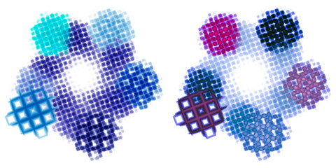 Small blue and magenta lattice circles are arranged along large blue circles on a white background. Set of graphic design elements. 3d rendering. 3d illustration.
