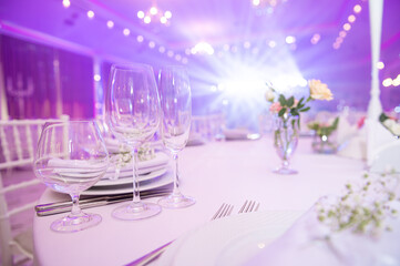 wedding table setting with white elements. beautifully served table for celebration