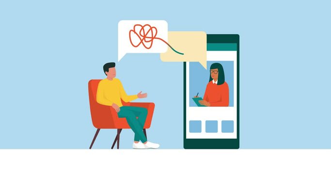 Man videocalling his therapist: online therapy support for mental disorders