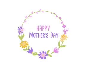 Happy Mother's Day greeting card. Flower wreath on white background.