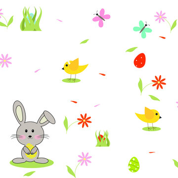 Cute hand drawn easter seamless pattern, colorful spring background with bunnies, easter eggs, flowers, butterflies - great for textiles, banners .