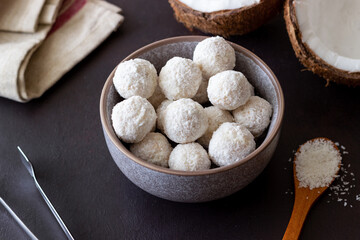 Coconut candy or cookies. Dessert. Coconut. Vegetarian food.