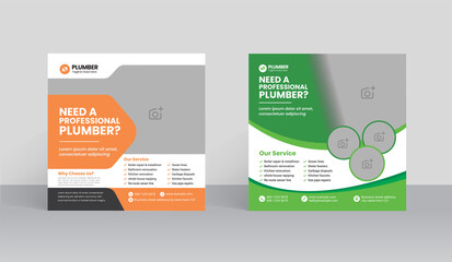 Plumbing service social media post design. Professional plumbing service flyer poster template.