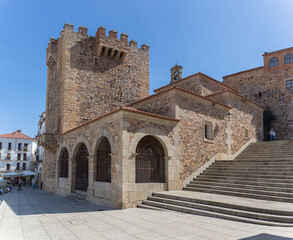 View at the iconic Torre Bujaco, Arco de la Estrella and other heritage buildings on Plaza Mayor in...
