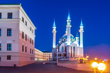 Fototapeta na wymiar Kazan Kremlin illuminated at night. Kul-Sharif Mosque. Russia. Tatarstan.