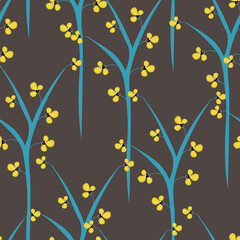 Stylish seamless pattern. Vector print texture with small yellow flowers on blue trees. Botanical composition on a gray background. Repeat design for decor, packaging print, fabric, banner, tiles