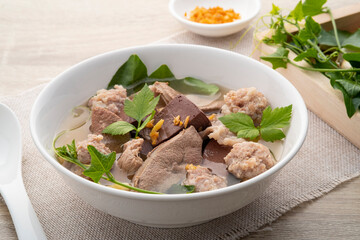 Pork blood tofu soup with gourd leaves,Clear soup asian style food mixed minced pork balls,Pork...