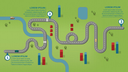 Business workflow roadmap, infographic flat lay style,  in 16:9 wide, HD format on natural landscape with 3 check points