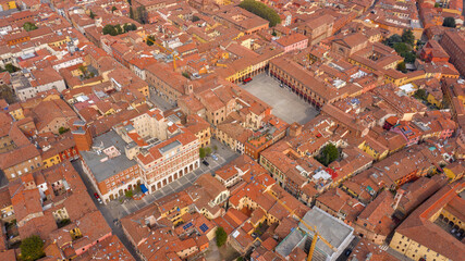 Aerial view of Matteotti square in the historic center of Imola, in Emilia-Romagna, Italy.