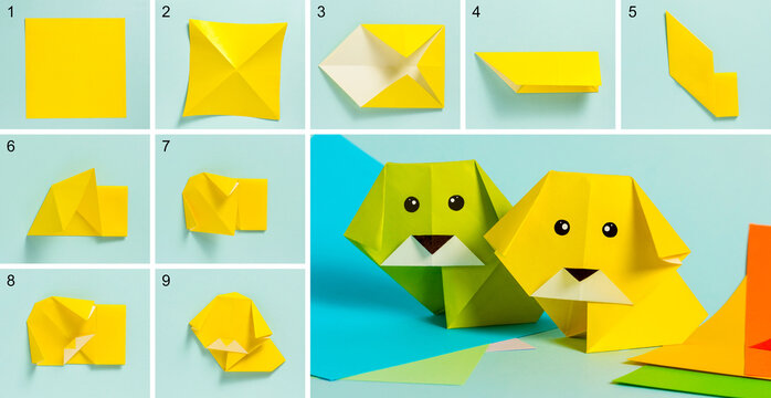 Step-by-step photo instructions on how to make a dog figurine out of paper with your own hands. Simple crafts with children. Origami