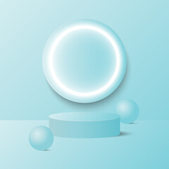Cylinder blue green patel color background minimal scene with light on stand,platform, podium for the presentation. Scene to show cosmetic showcase, shopfront, display case. Vector illustration
