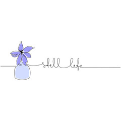 Still life - handwritten text with spring flowers on pot. Continuous one line drawing. Beautiful nature concept.
