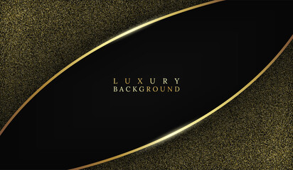 Luxury abstract golden glitter sparkle on black background with curve golden frame
