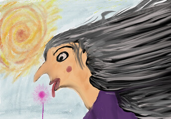 Abstract woman illustration on sunny background. Bright hand drawn.