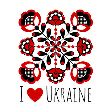 Ukrainian style poster based on Ukrainian folk embroidery in red and black on a white background. I love Ukraine.