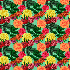 Seamless pattern with blooming roses at the garden
