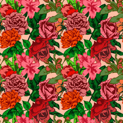 Seamless pattern with blooming flowers at the garden