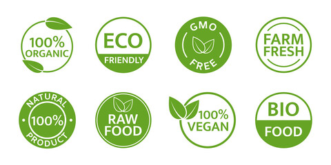 Eco friendly, bio logo set. Organic icon. Vegan ecology product stamp. Nature fresh food. Vegetarian plant badge. Quality sign. Healthy premium emblem. Green leaf. Ecology market. Vector illustration
