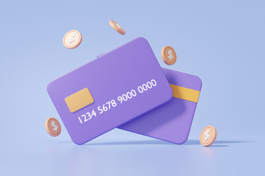 Credit or debit card concept and coins floating on blue background. Online payments Money transfer Financial transactions. minimal cartoon. 3d render. illustration