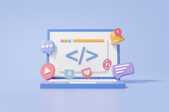 Laptop mockup Coding language development on blue background. Web UI-UX design, software developer concept. programming application project. Minimal cartoon style. 3d render illustration
