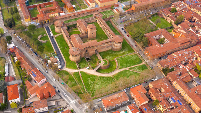 Aerial view of the Sforza fortress in the historic center of Imola, in Emilia-Romagna, Italy. It is a medieval age castle.