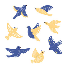 Set of vector Ukrainian free birds in different poses. Illustration of peaceful pigeons in bright yellow colors. Hand-drawn flat style bird