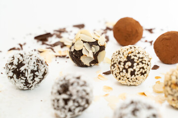 Chocolate candies collection. Beautiful Belgian truffles isolated on white background