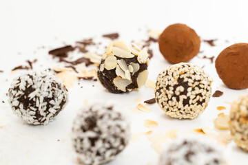Chocolate candies collection. Beautiful Belgian truffles isolated on white background