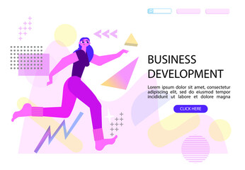 Fototapeta na wymiar Woman running to her goal. Memphis geometric shapes background. Business development, career success or growth and opportunity, startup banner, landing page. Creative trendy flat character. Vector