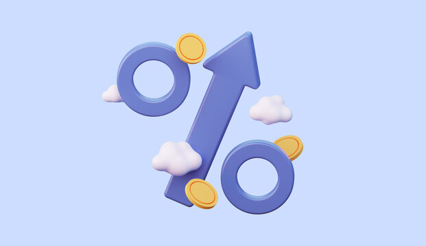 The percentage icon with an arrow at the top. Growth concept, market analysis, investment or interest rate for a deposit. 3d rendering illustration isolated