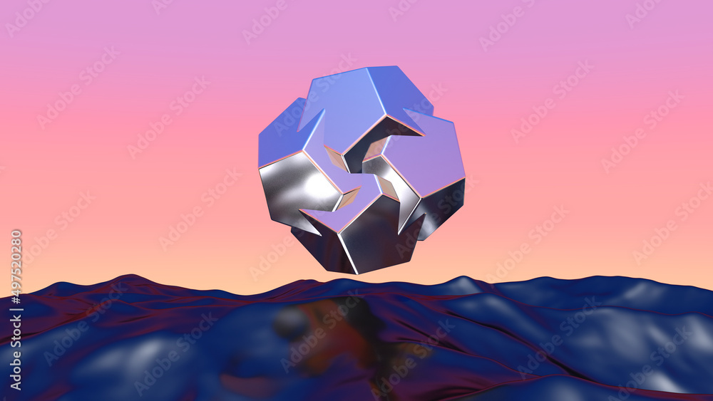 Poster abstract chrome shape over blue landscape in vaporwave sunset. background with mysterious surreal sh