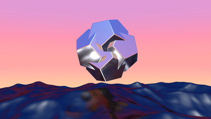 Abstract chrome shape over blue landscape in vaporwave sunset. Background with mysterious surreal shiny object. 3D illustration