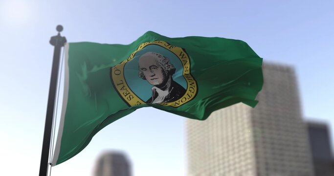 Washington state waving flag on blurry background, USA state news illustration. Blurry background