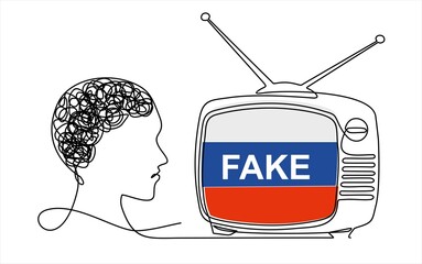 Continuous line drawing of  TV with Russian fake news. Propaganda coming from the TV to the Russian people. - obrazy, fototapety, plakaty